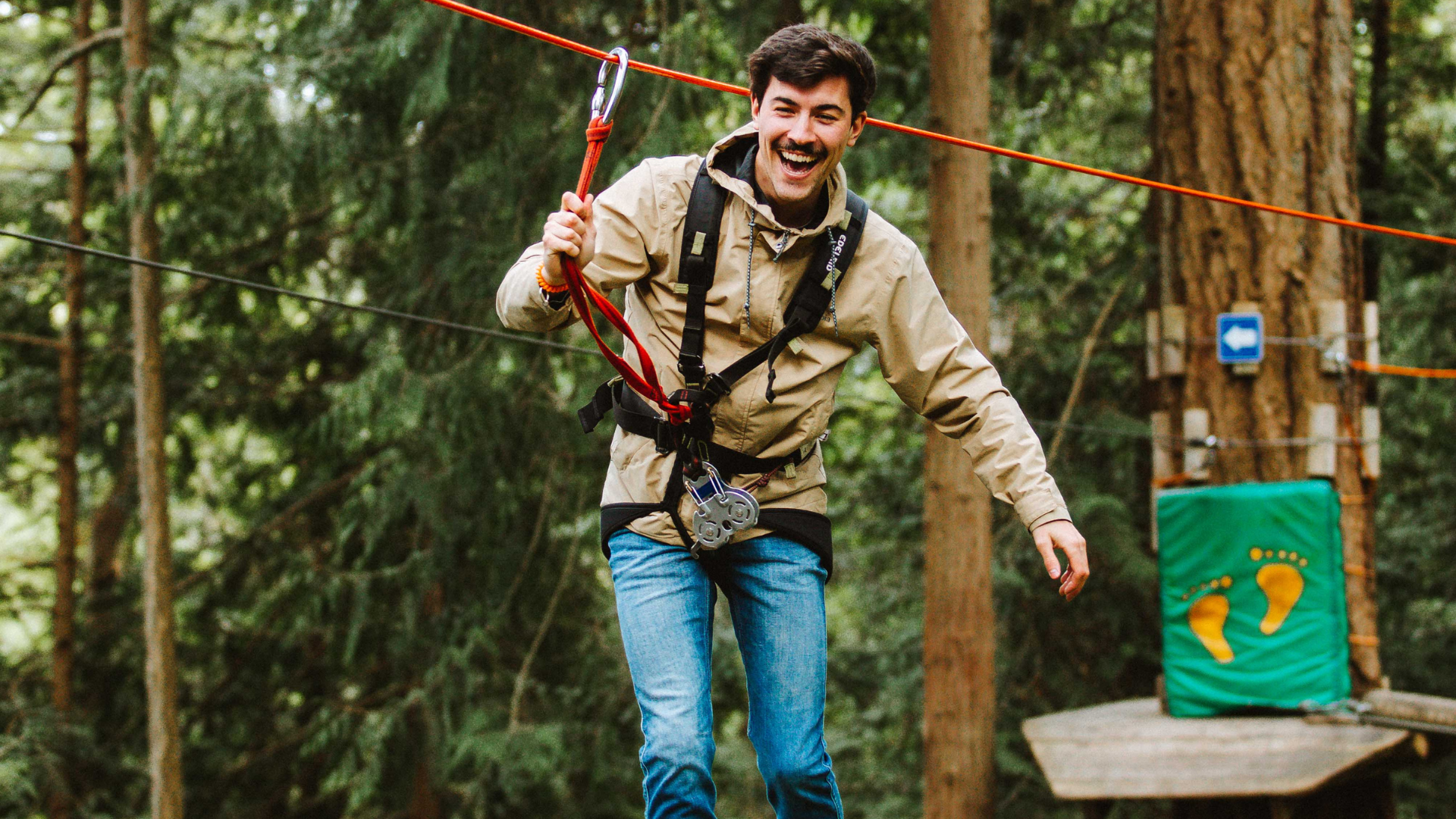 A guest on the Classic Adventure Course at WildPlay Victoria