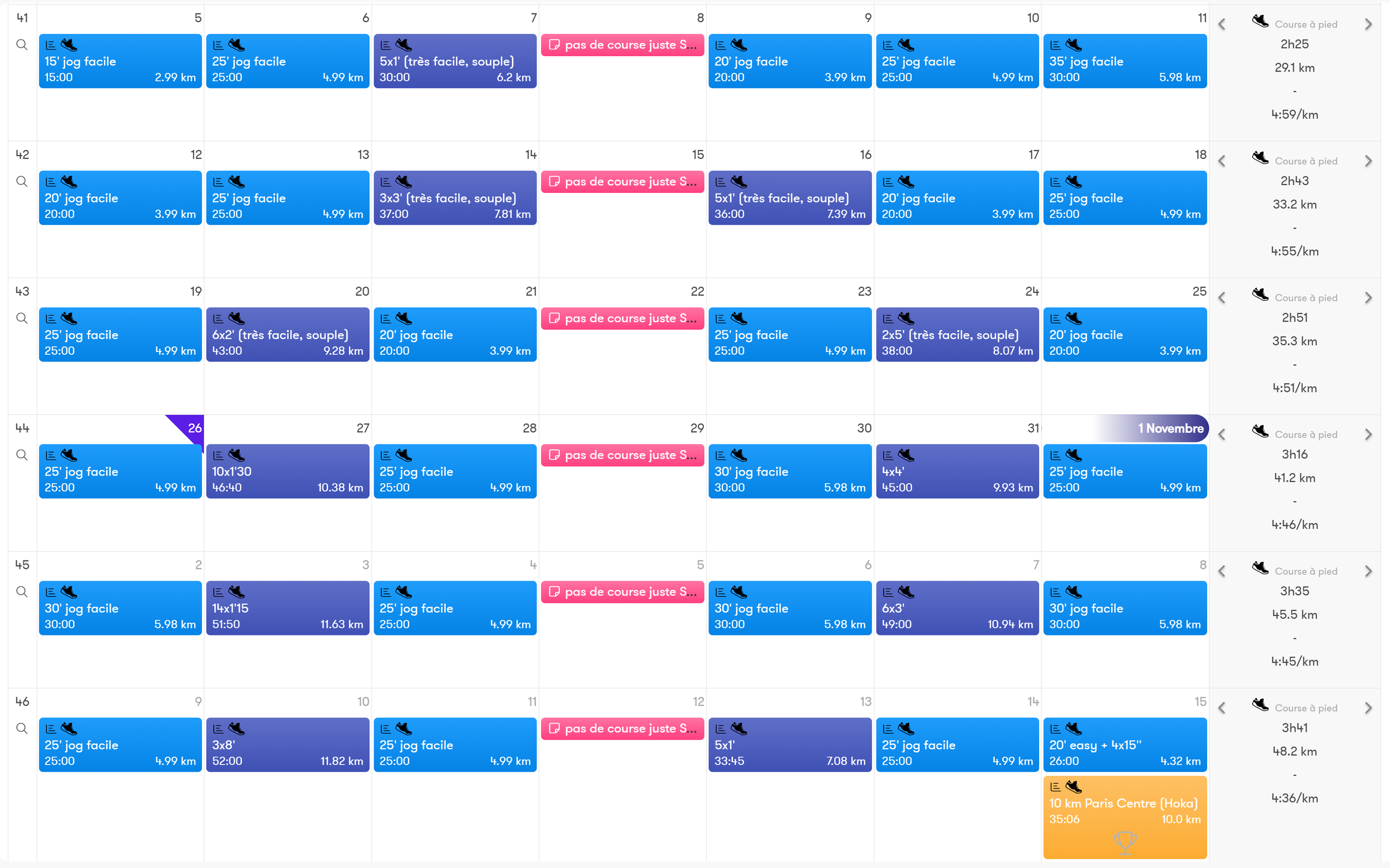 Calendrier d'entraînement Nolio