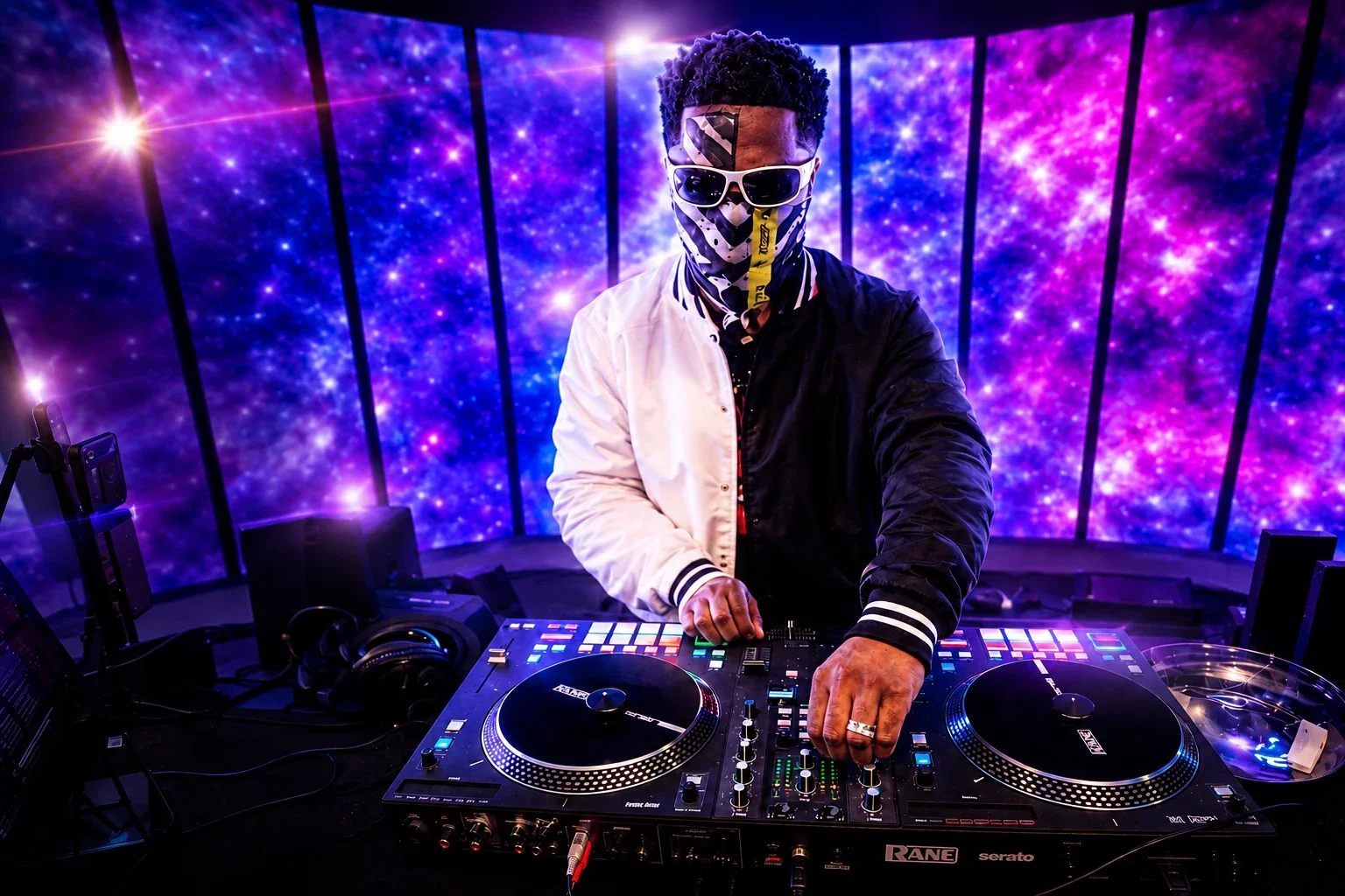 Andre Arkade at the DJ decks wearing his signature face covering, white sunglasses, and black-and-white jacket