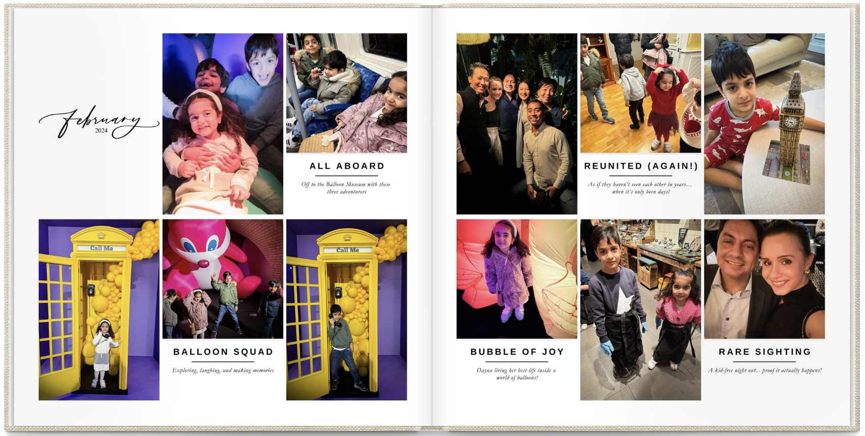 Completed family photo book layout with captions
