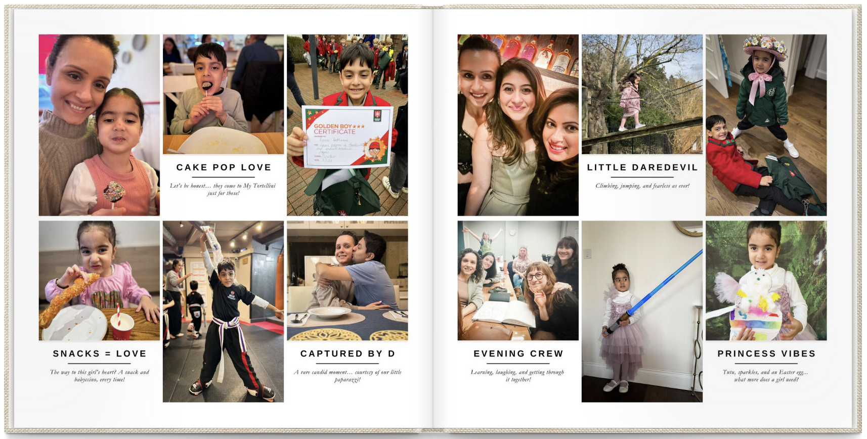 Printed memory book pages showing family moments