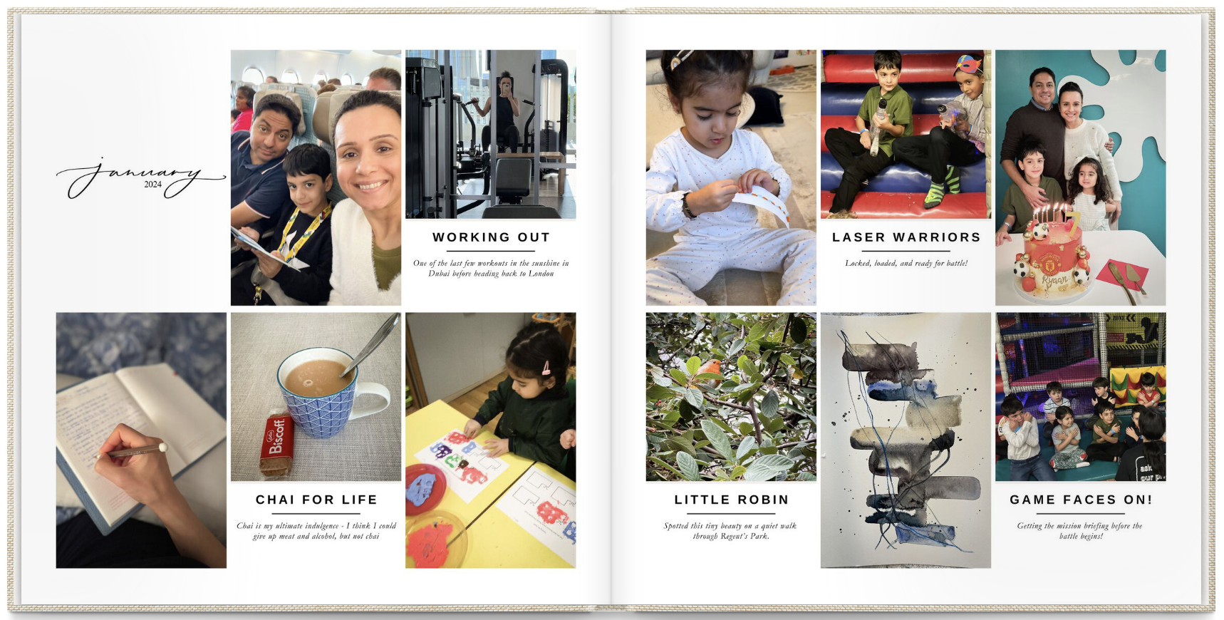 Open spread from a printed family memory book