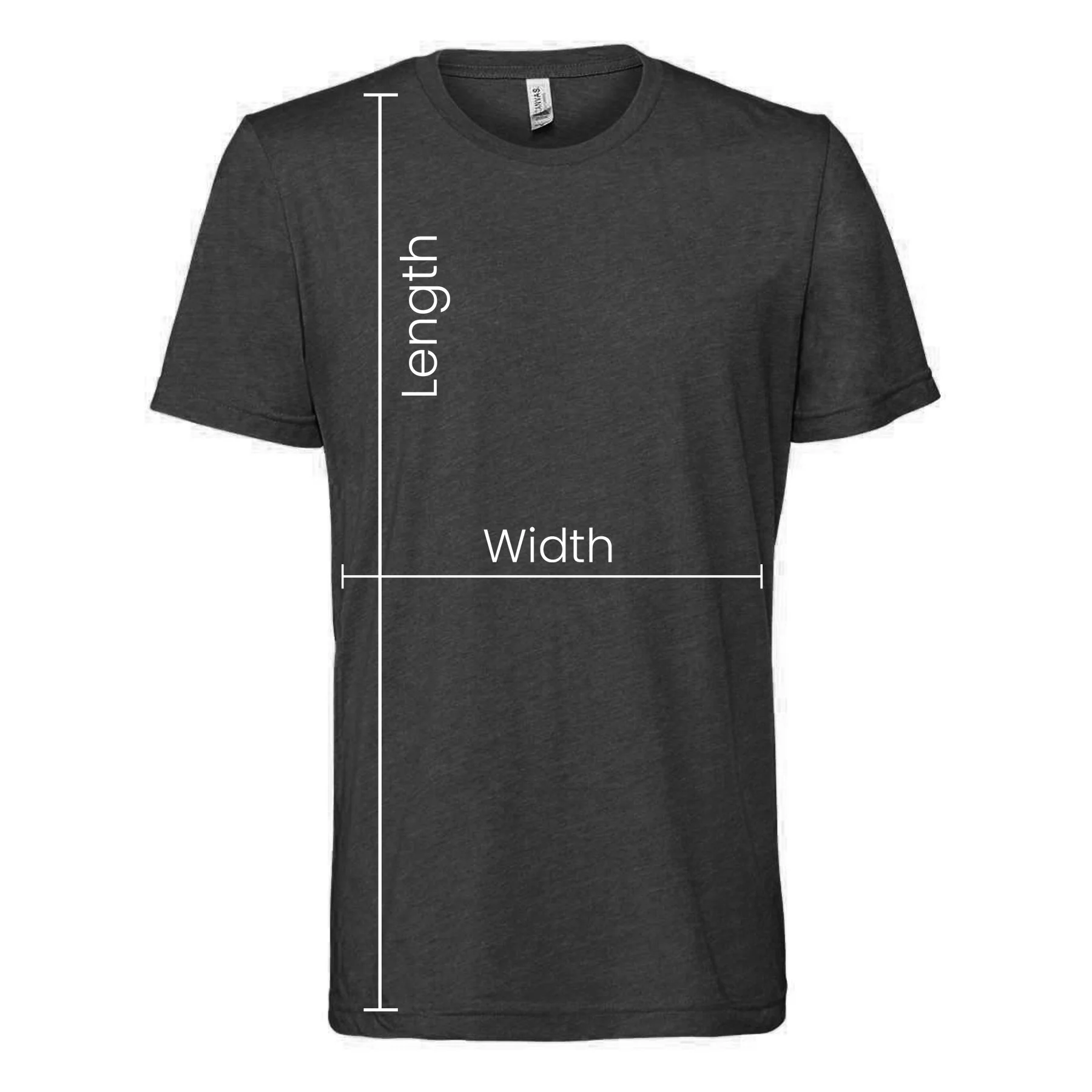 t-shirt size chart showing width and length measurement points