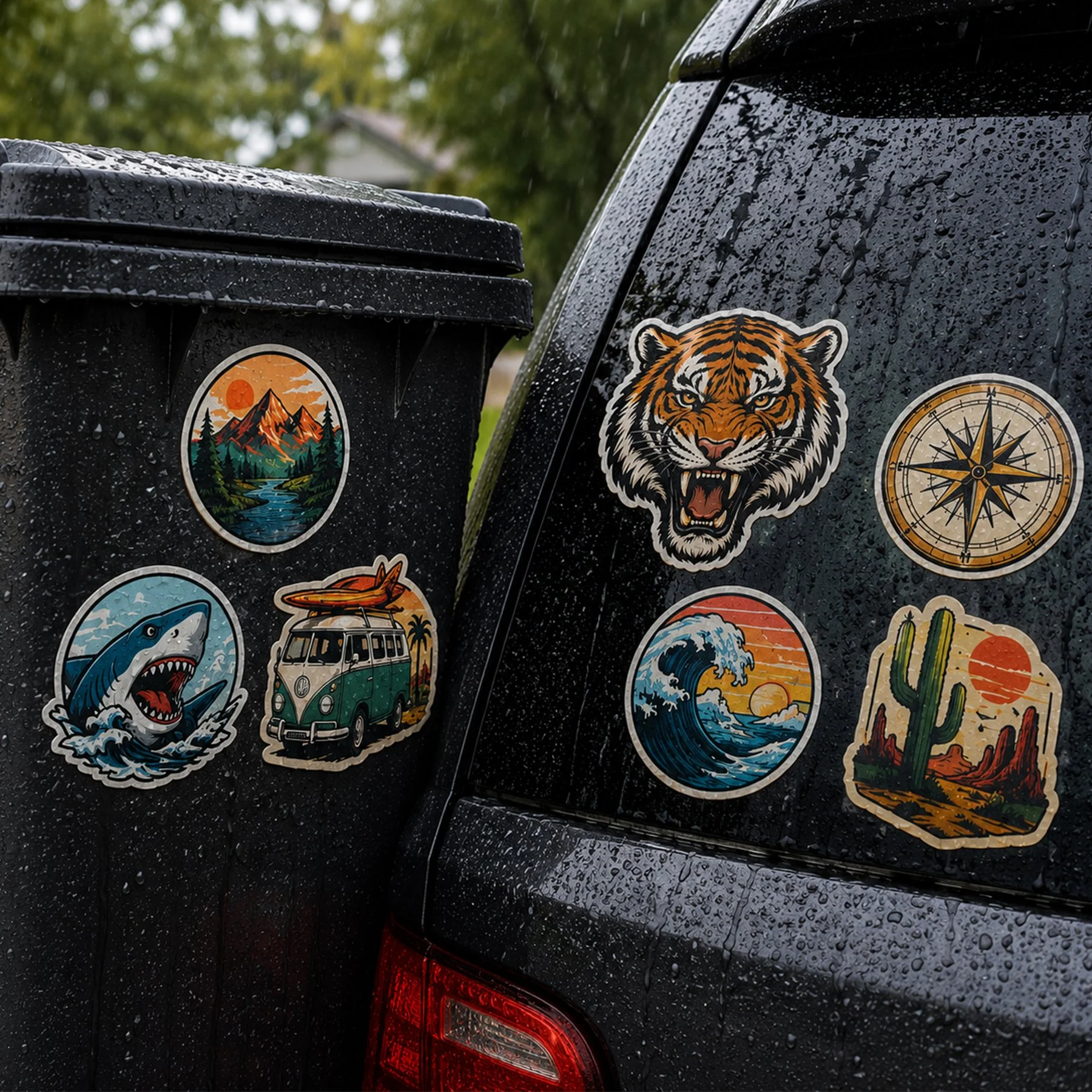 sticker-covered cooler / outdoor gear