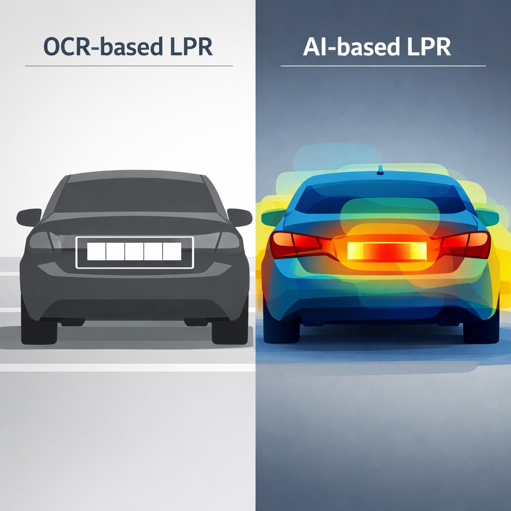 Split diagram comparing OCR templates with AI plate recognition