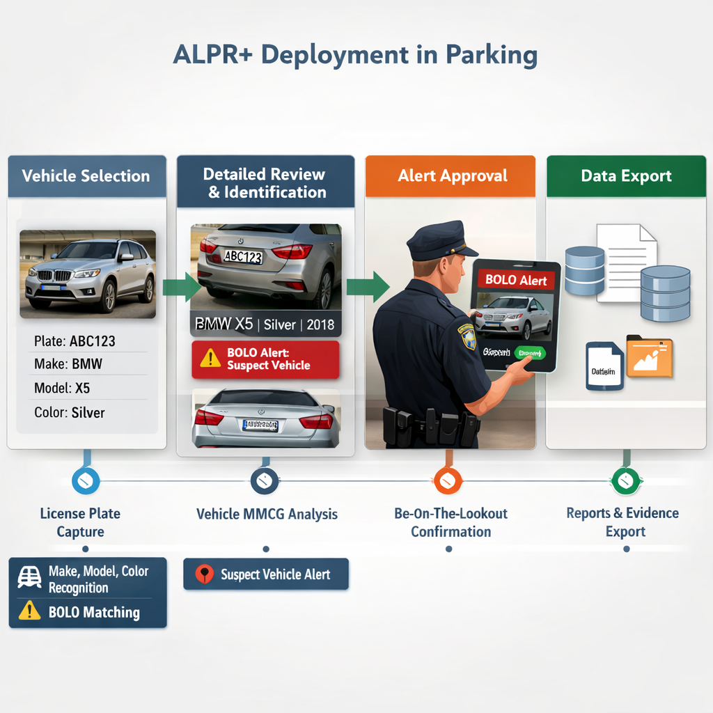 A production workflow connects lane reads to operator review, parking access, and live exception handling