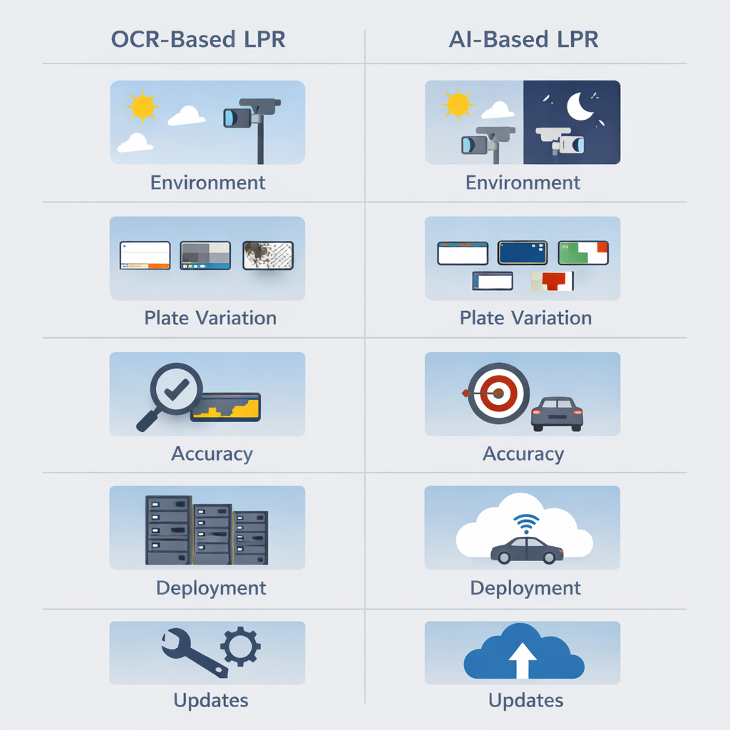 Decision matrix comparing OCR-based LPR and AI-based LPR choices