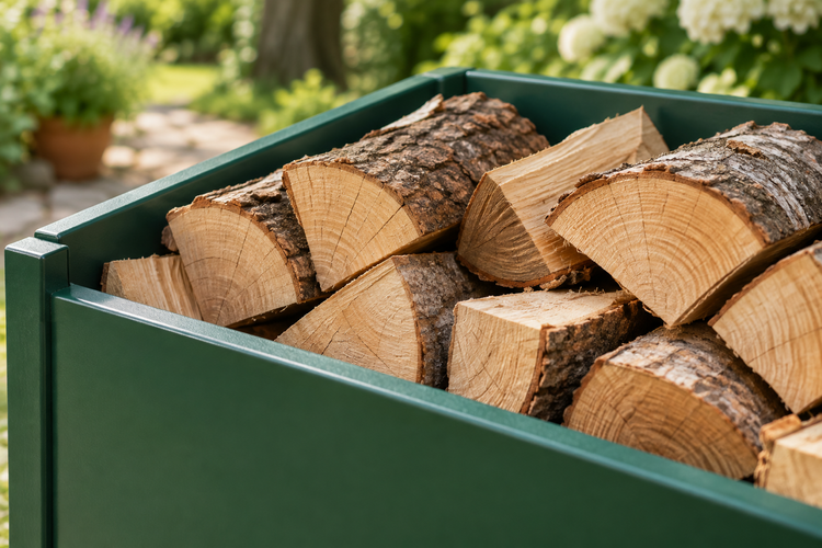 Illustration showing split firewood logs inside a reusable delivery bin