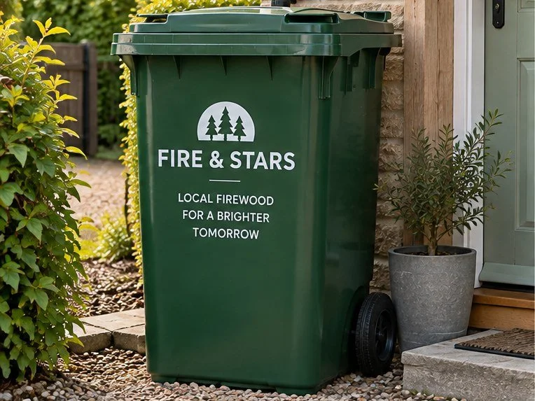 Illustration of a closed firewood bin in an outdoor position beside a house