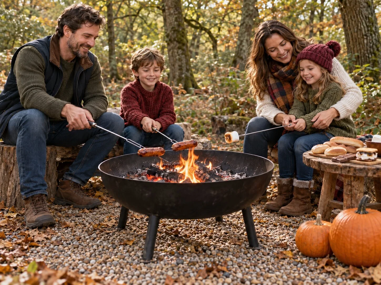 Family cooking hot dog sausages on long skewers over a metal firepit in autumn woodland.