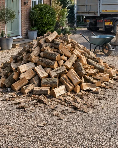 Pile of loose logs on a driveway after tipper delivery