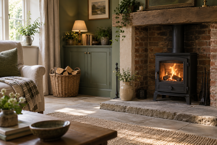 Illustration of a wood-burning stove and basket of logs in a sitting room