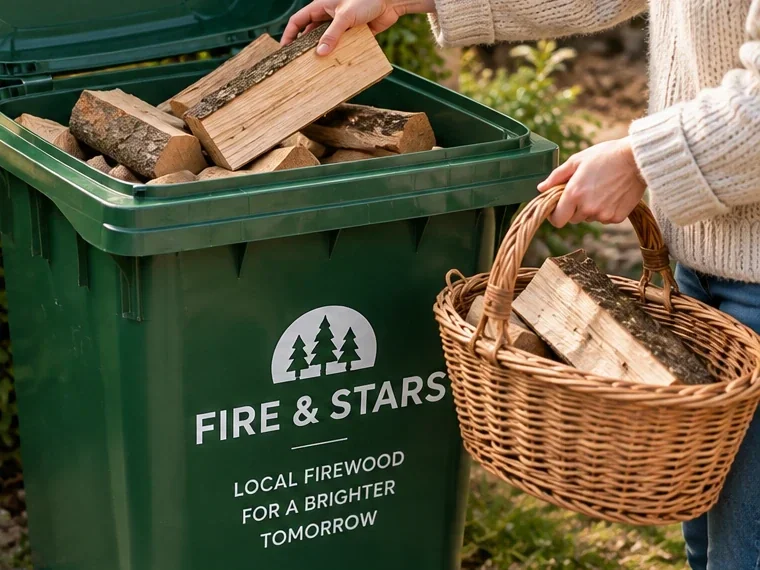 Illustration of individual logs being moved from a bin into a basket