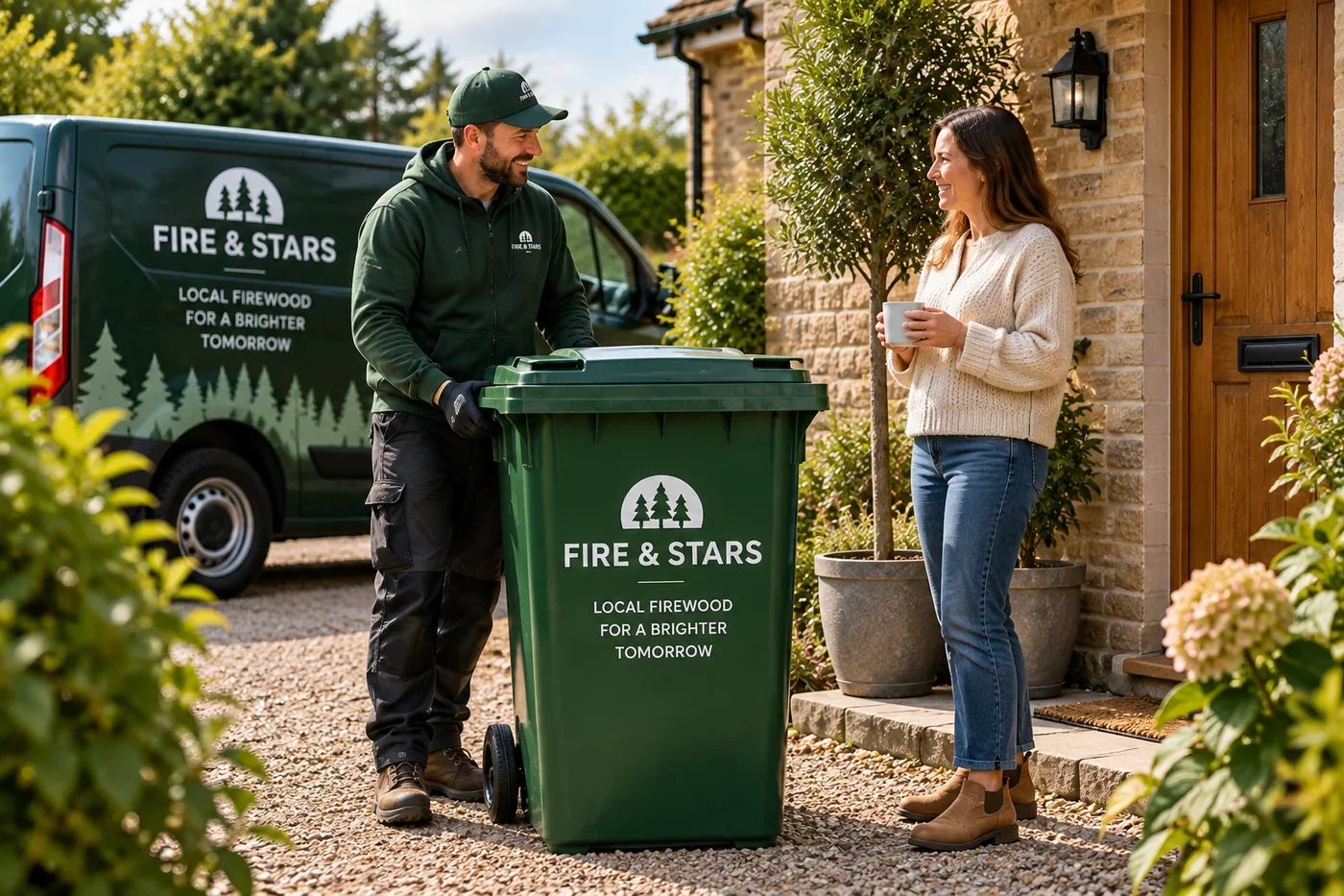 Illustration of a Fire & Stars driver delivering a reusable log bin to a customer