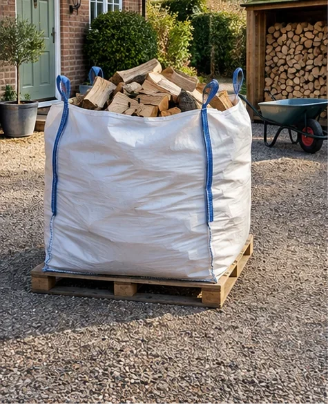Bulk bag of logs on a pallet in a driveway