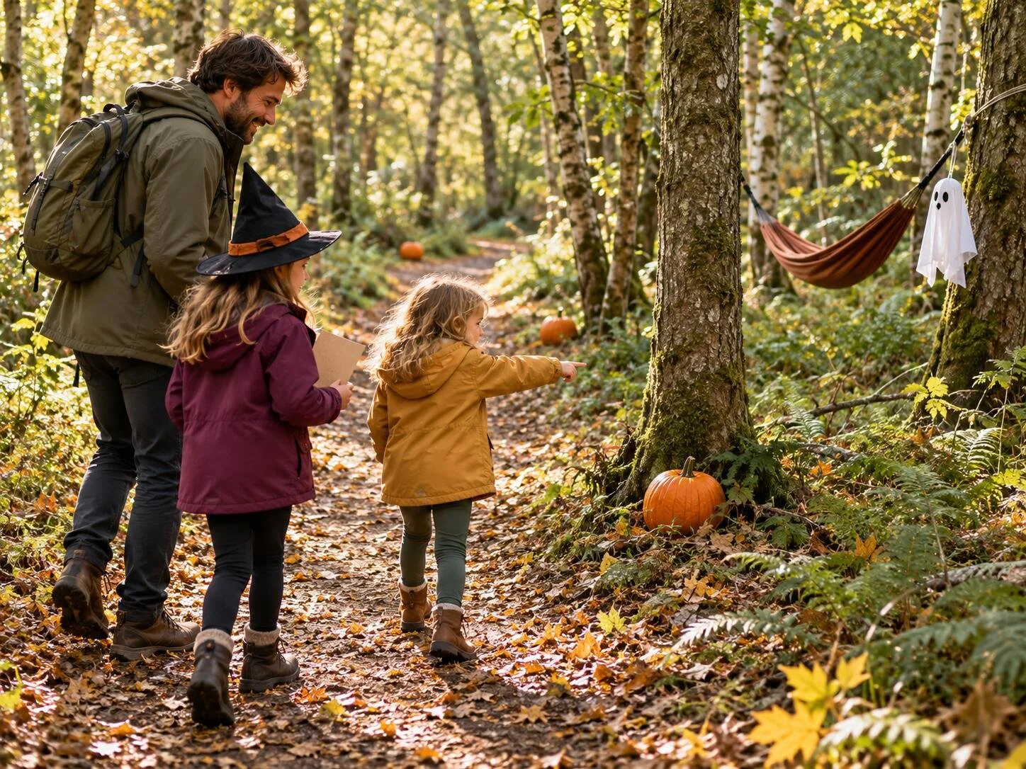 a family exploring a pumpkin trail in autumn woodland.