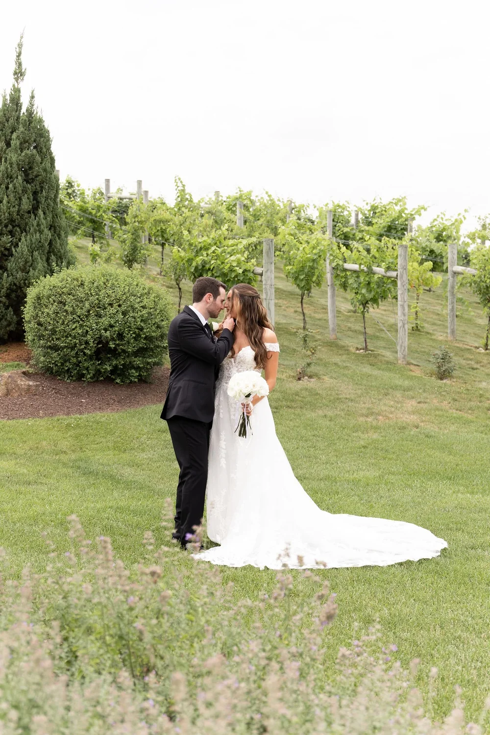 Bride and groom kissing in the vineyard at Folino Estate