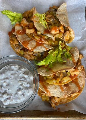 Crispy Buffalo Chicken and Celery Tacos with Blue Cheese Dip