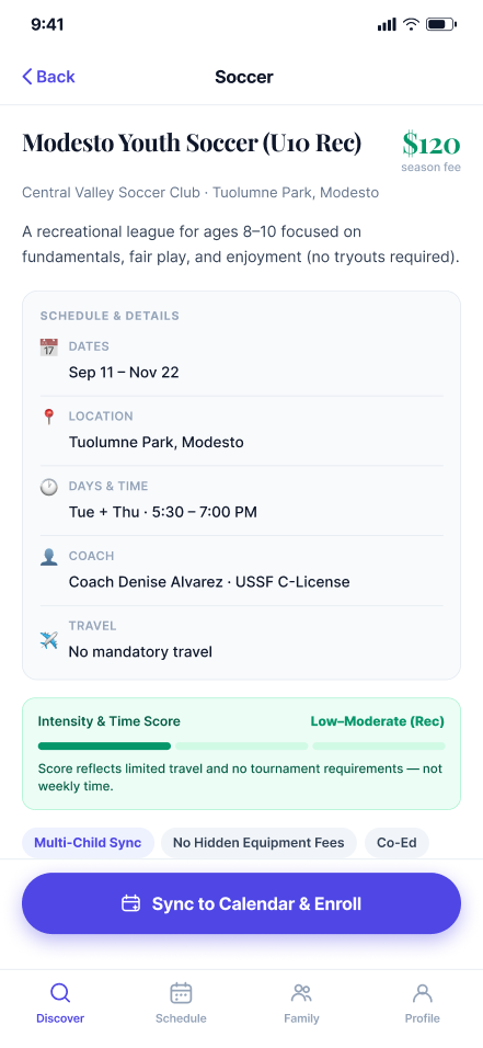 Recreation System program details showing schedule, coaching, travel, commitment intensity, and transparent pricing