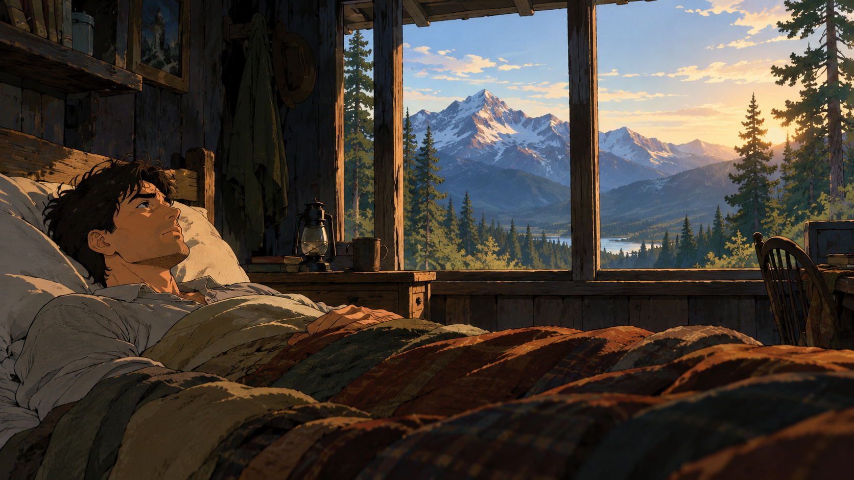 Young Ish awakens in a rustic mountain cabin, looking toward the sunlit mountains and trees outside.