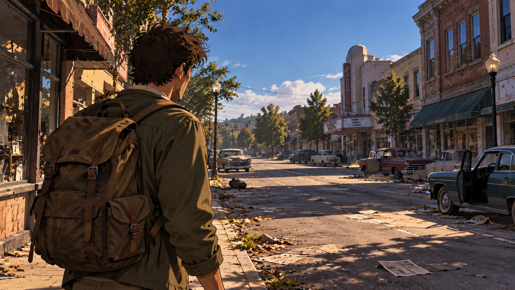 Young Ish stands on a deserted mid-century town street, surrounded by abandoned cars and silent storefronts.