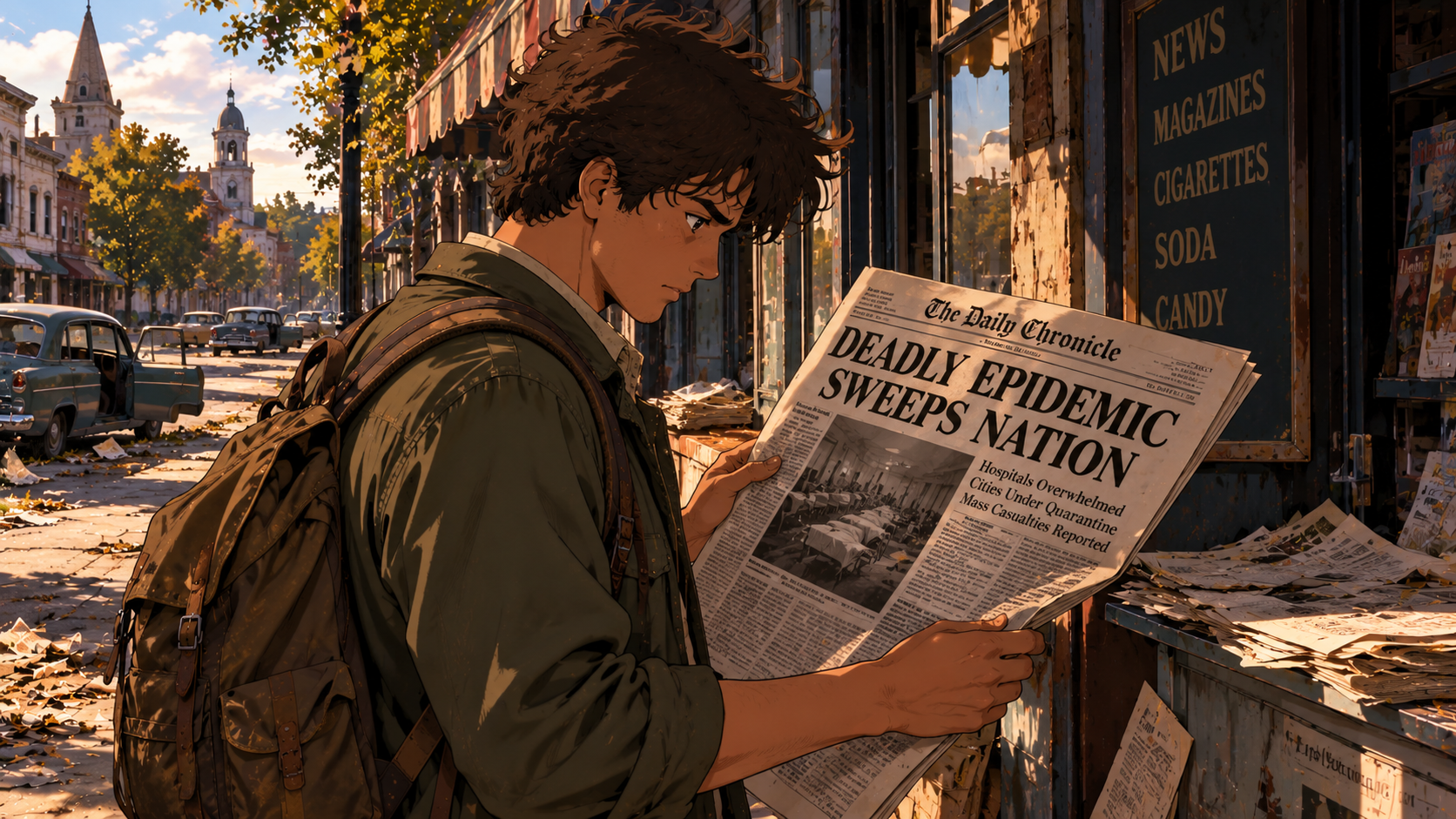 Young Ish examines a newspaper reporting a devastating epidemic outside a deserted mid-century storefront.