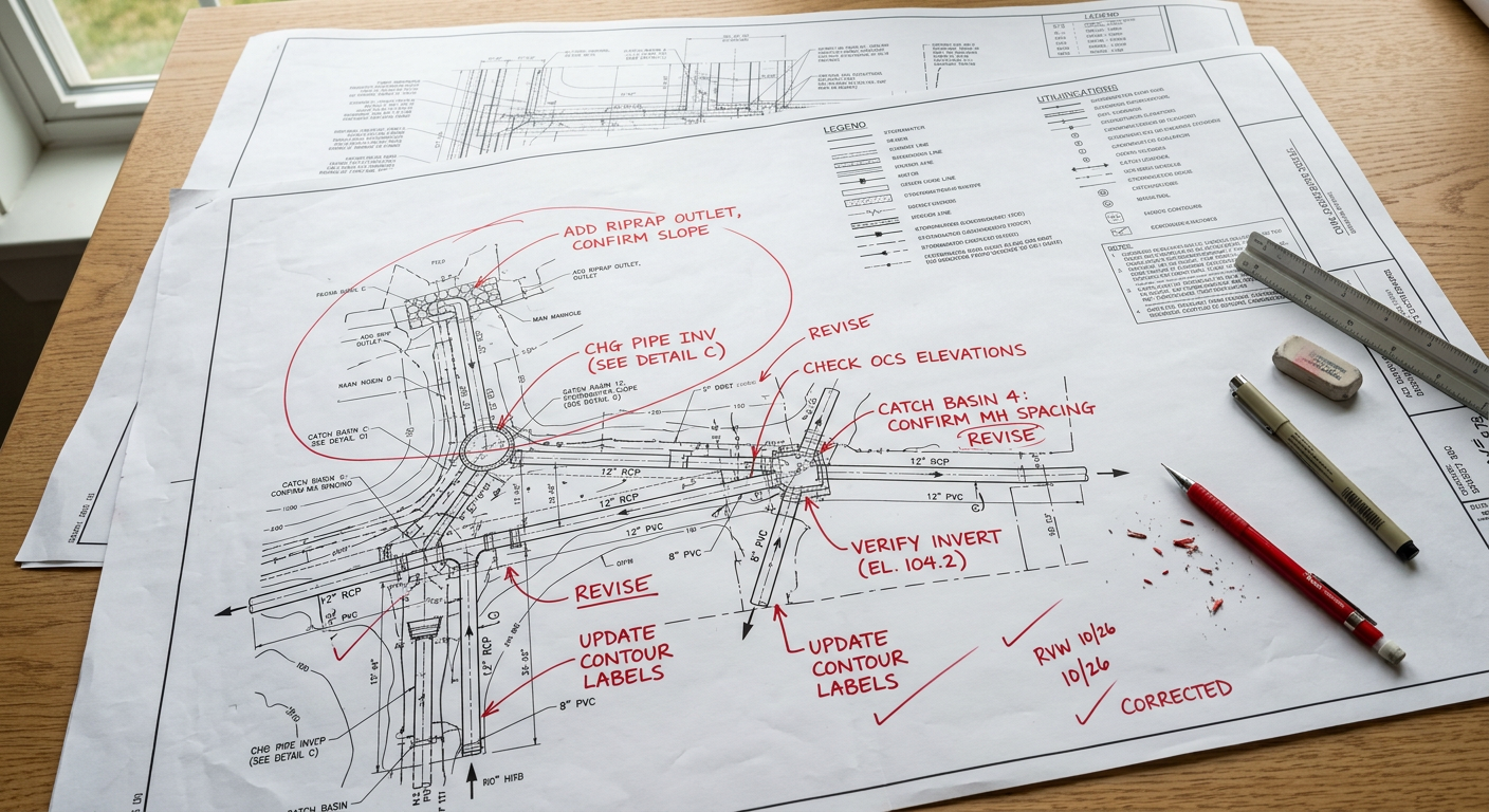 Civil engineering drainage plan with technical review markup