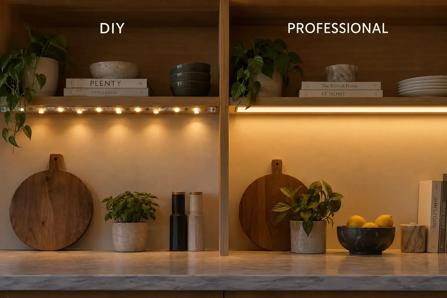 DIY LED strip with visible dots compared with a professionally recessed LED profile