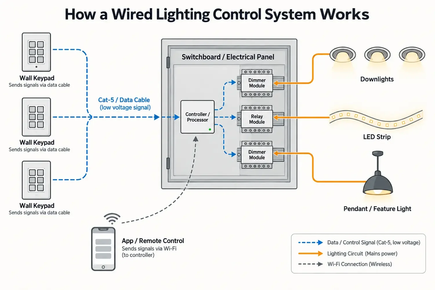 Diagram of a wired lighting control system linking keypads to dimmers in the switchboard