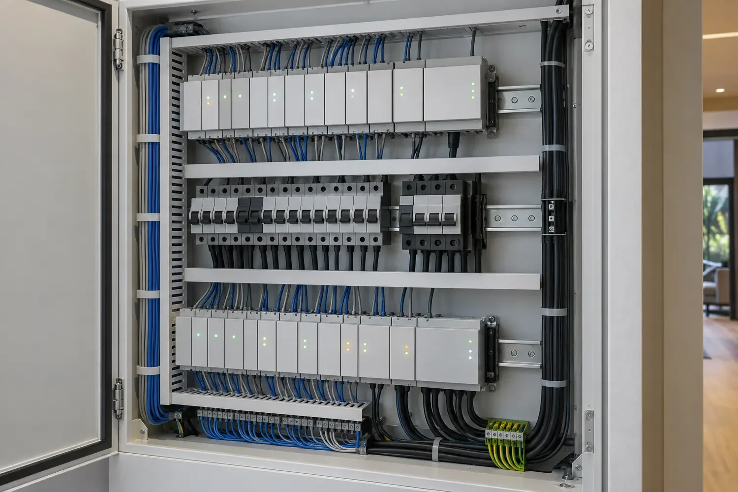 Switchboard fitted with lighting control dimmer and relay modules