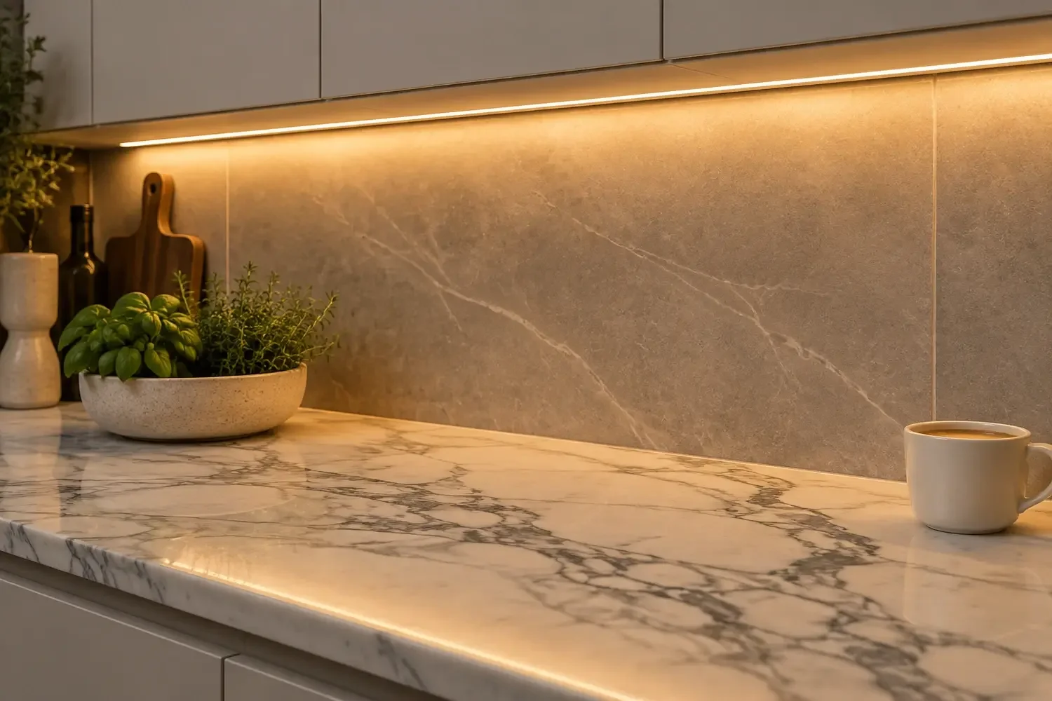 Recessed under-cabinet LED strip giving even light on a stone benchtop