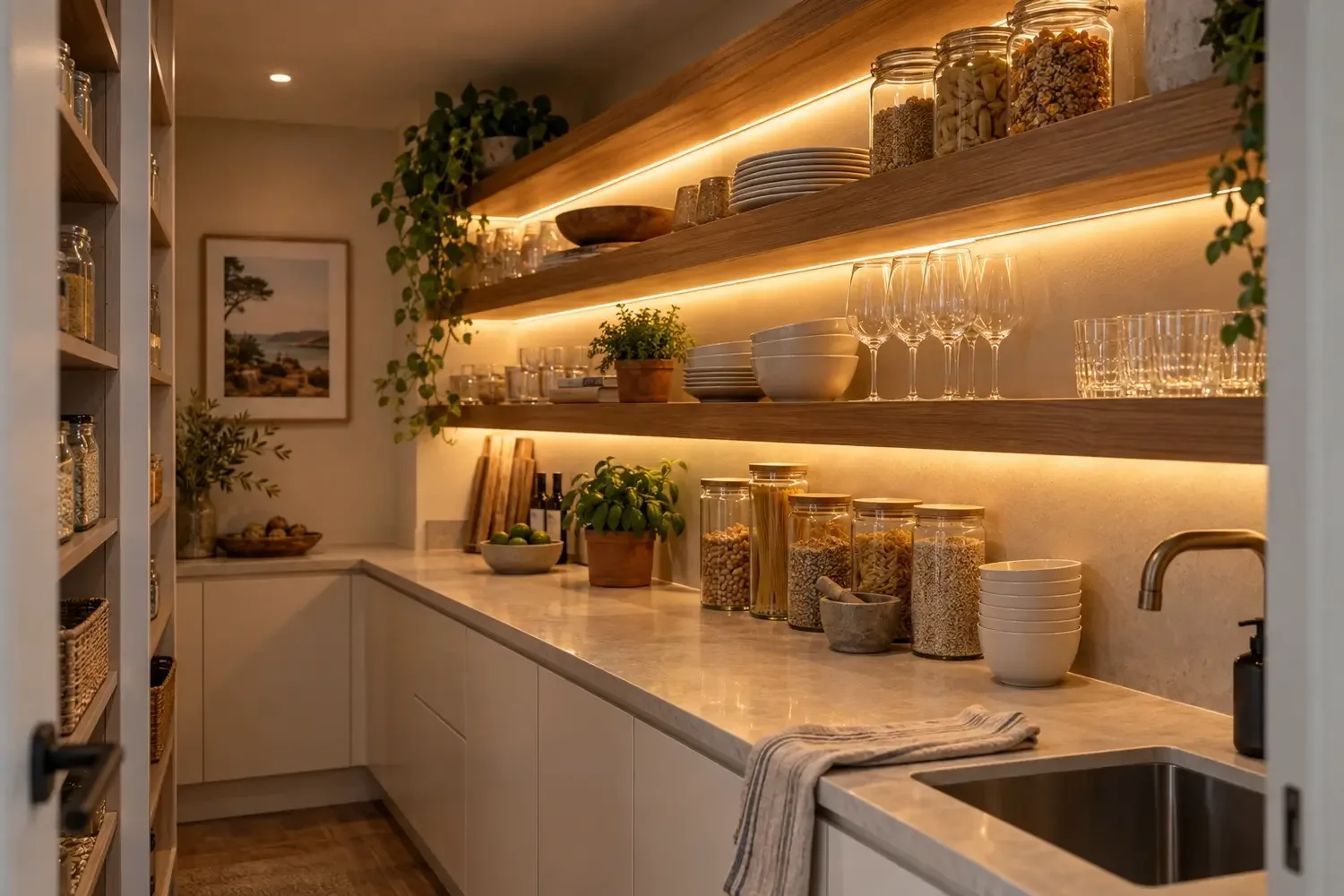 Butler's pantry with LED-lit open timber shelving