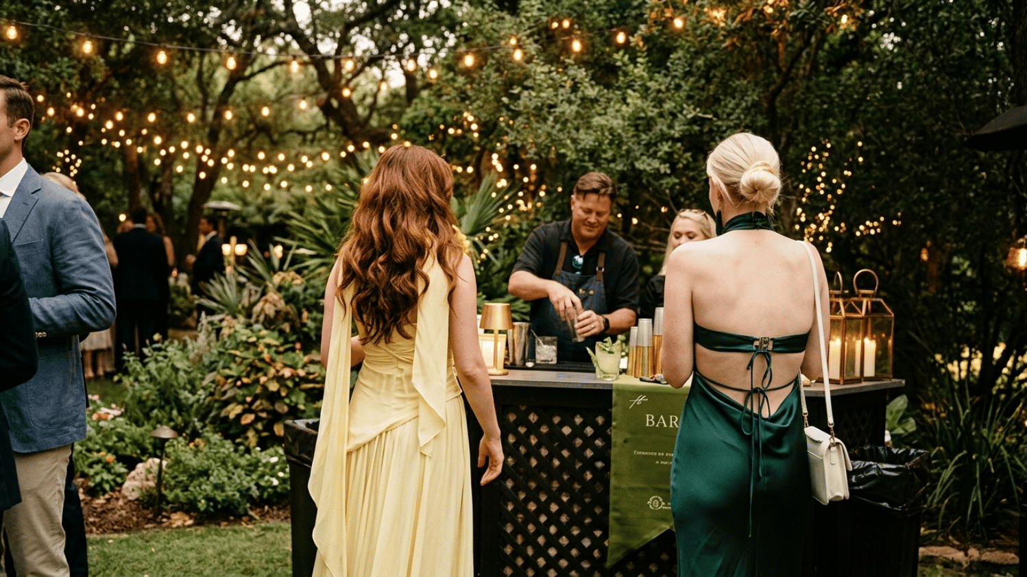 Outdoor wedding bar with string lights