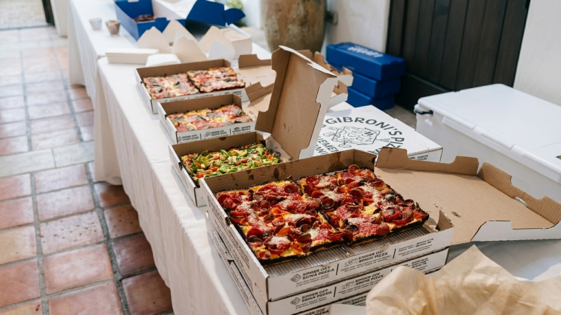 Late night pizza drop at wedding