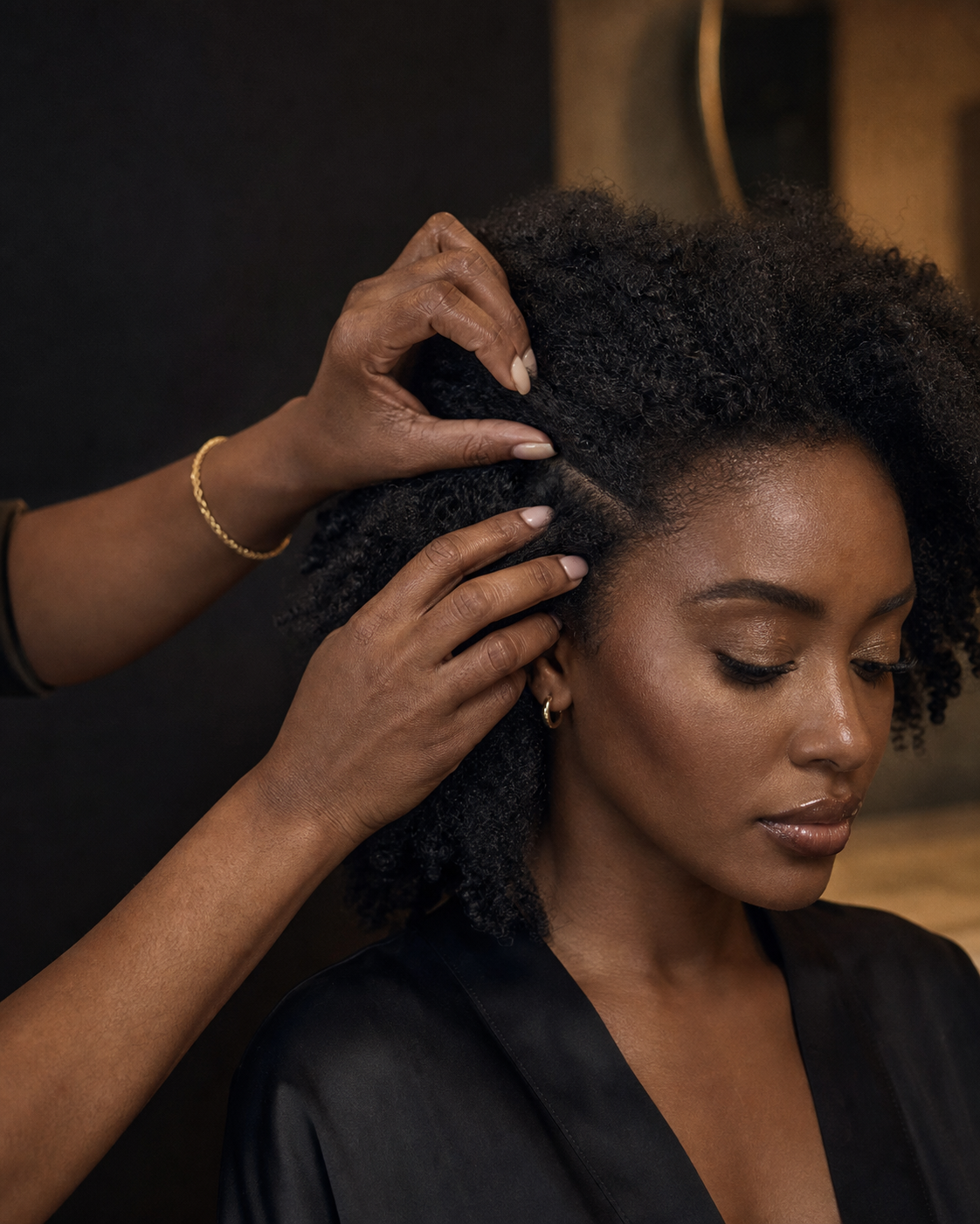 Professional examining the scalp and hair density of a woman with natural textured hair