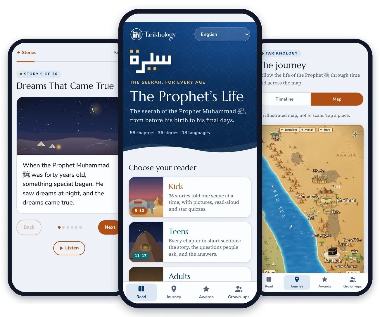 Three screens from The Prophet’s Life app: a Kids story, the home screen and the illustrated map