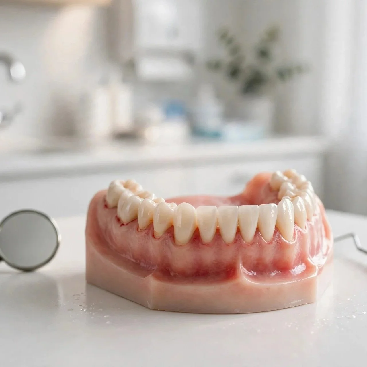 person gently brushing near slightly reddened gumline with soft toothbrush