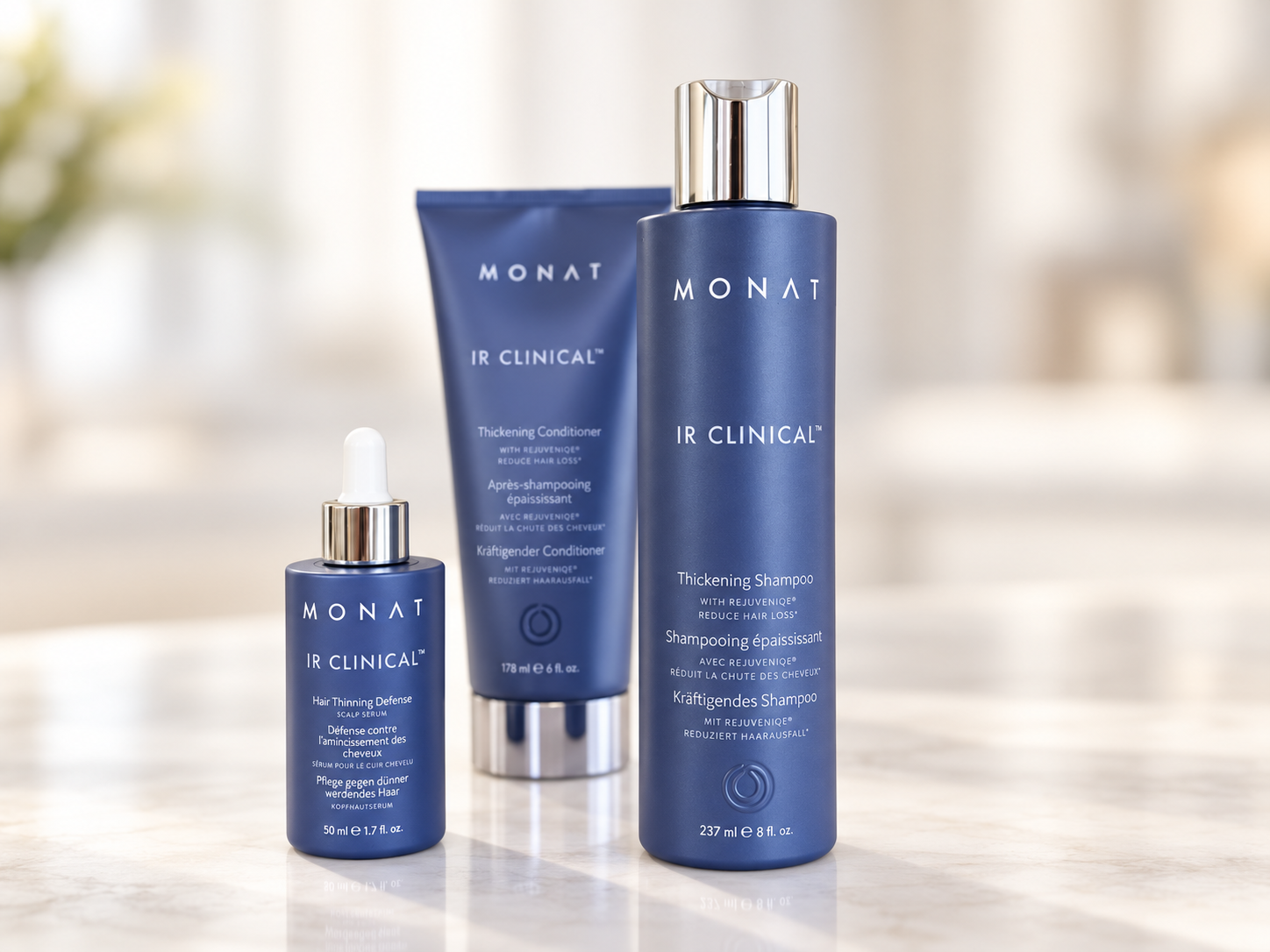MONAT IR Clinical System shampoo conditioner and hair thinning defense serum