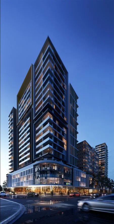Granville Place — exterior at dusk showing all three towers