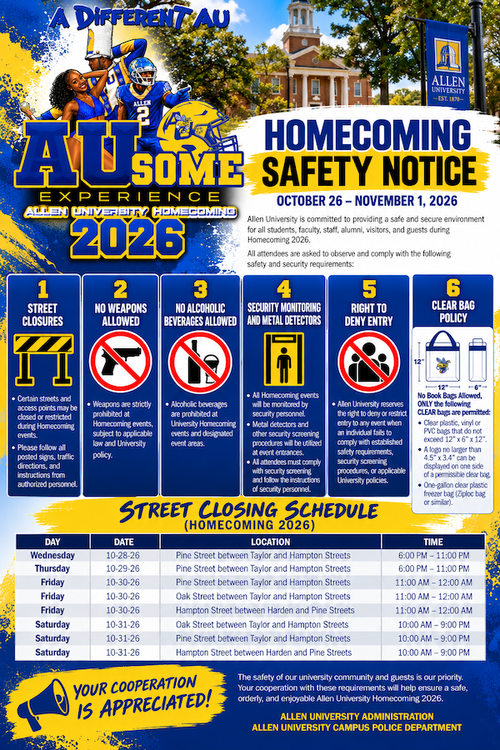 Allen University Homecoming 2026 Safety Notice graphic. Full text is listed beside this image.