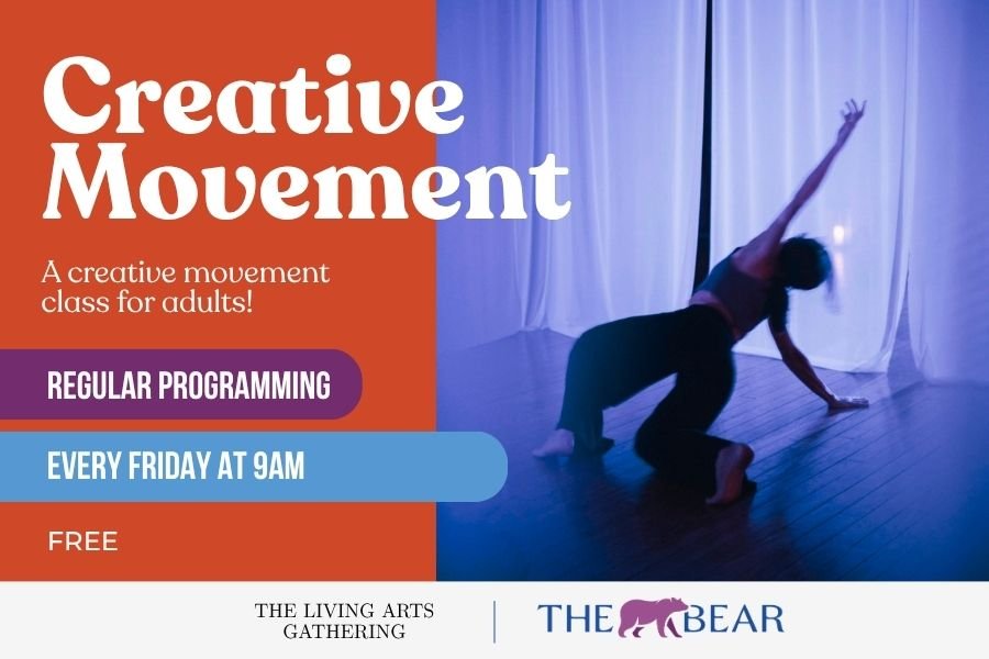A dancer mid-movement in blue light. Creative Movement, a class for adults, every Friday at 9 AM. The Living Arts Gathering and The BEAR.
