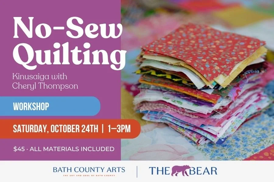 A stack of patterned fabric squares. No-Sew Quilting, Kinusaiga with Cheryl Thompson. Saturday, October 24, 1 to 3 PM. $45, all materials included.