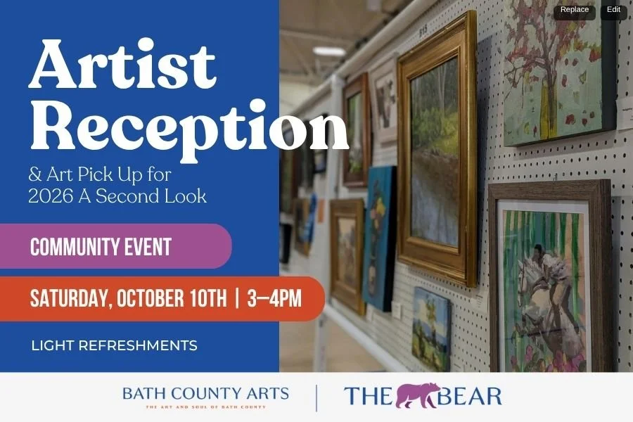 Framed paintings on a gallery wall. Artist Reception and Art Pick Up for 2026 A Second Look, Saturday, October 10, 3 to 4 PM. Light refreshments.