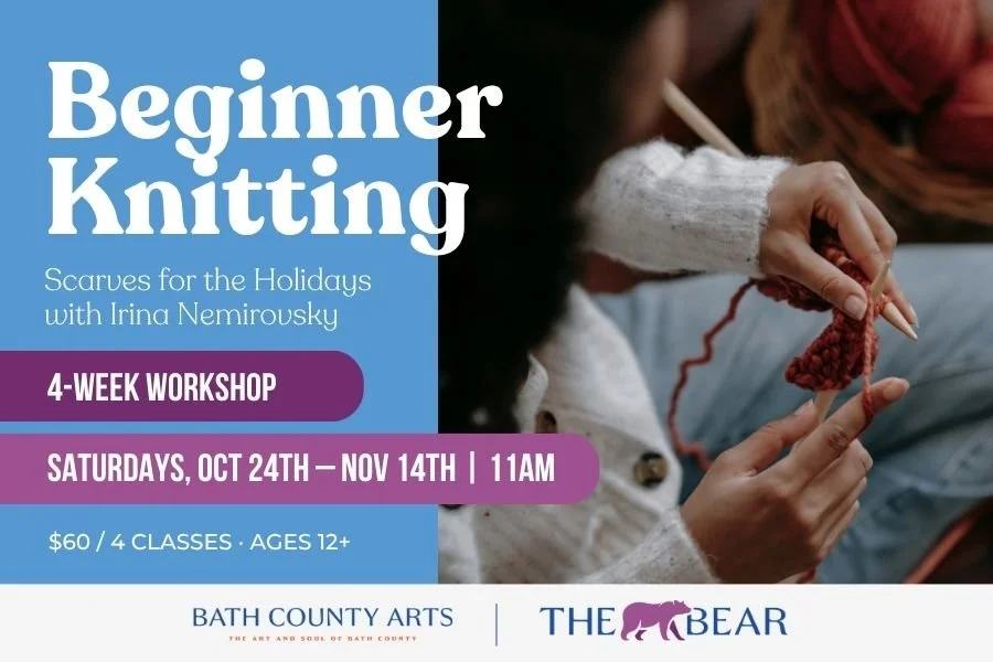 Hands knitting red yarn on wooden needles. Beginner Knitting: Scarves for the Holidays with Irina Nemirovsky. Saturdays, October 24 to November 14 at 11 AM. $60 for 4 classes, ages 12 and up.