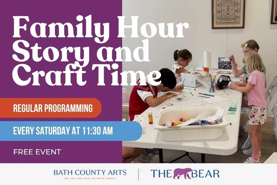 Children painting at a long craft table. Family Hour Story and Craft Time, every Saturday at 11:30 AM. Free event.