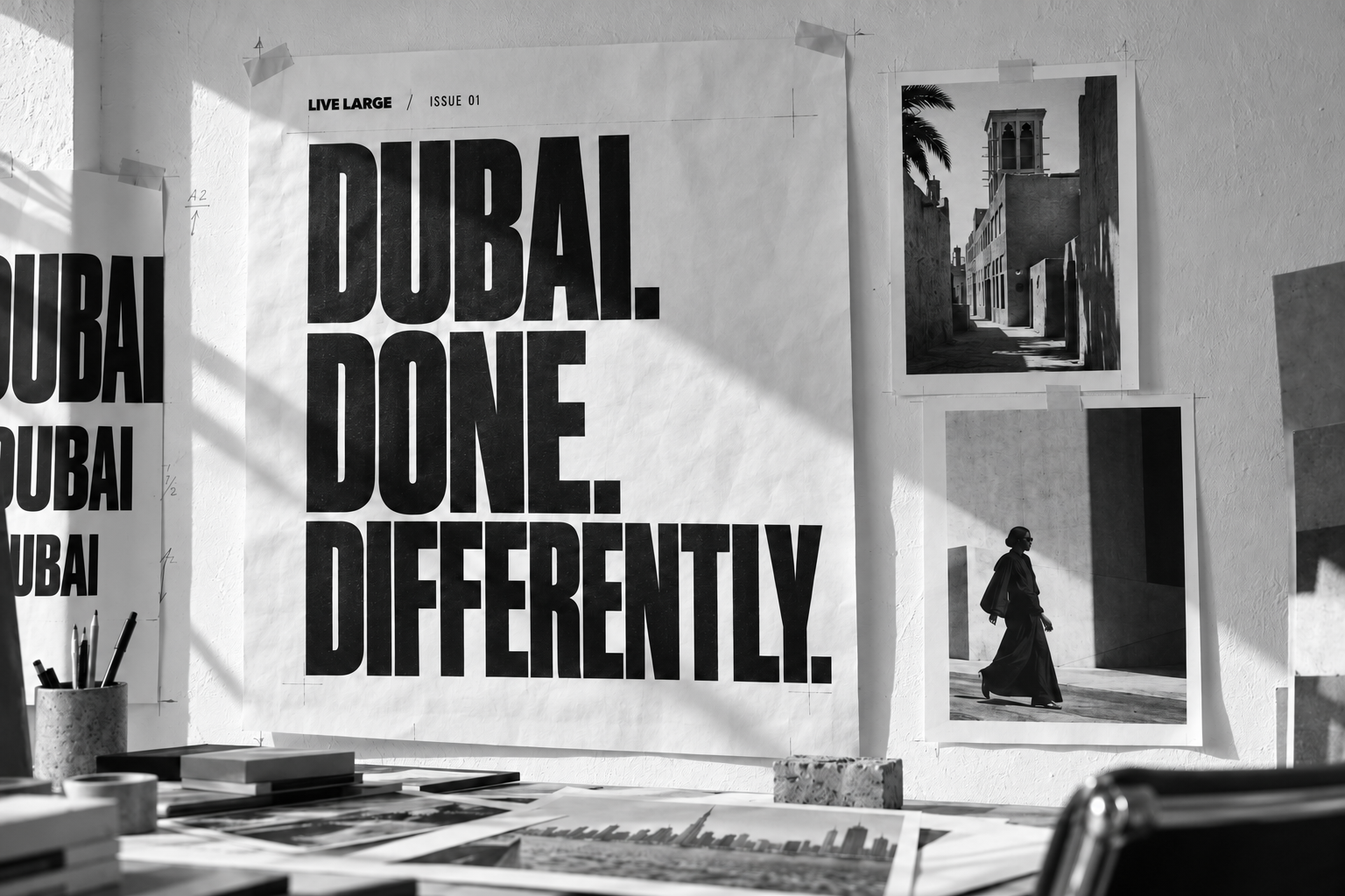 Black and white Dubai Done Differently typography experiments with architectural and fashion photographs