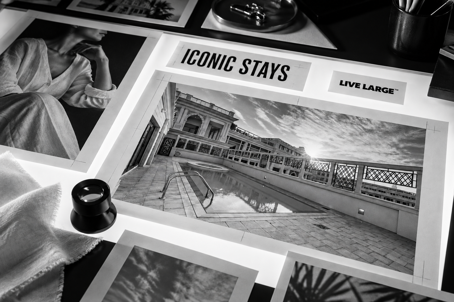 Black and white Iconic Stays proof featuring a resort pool terrace