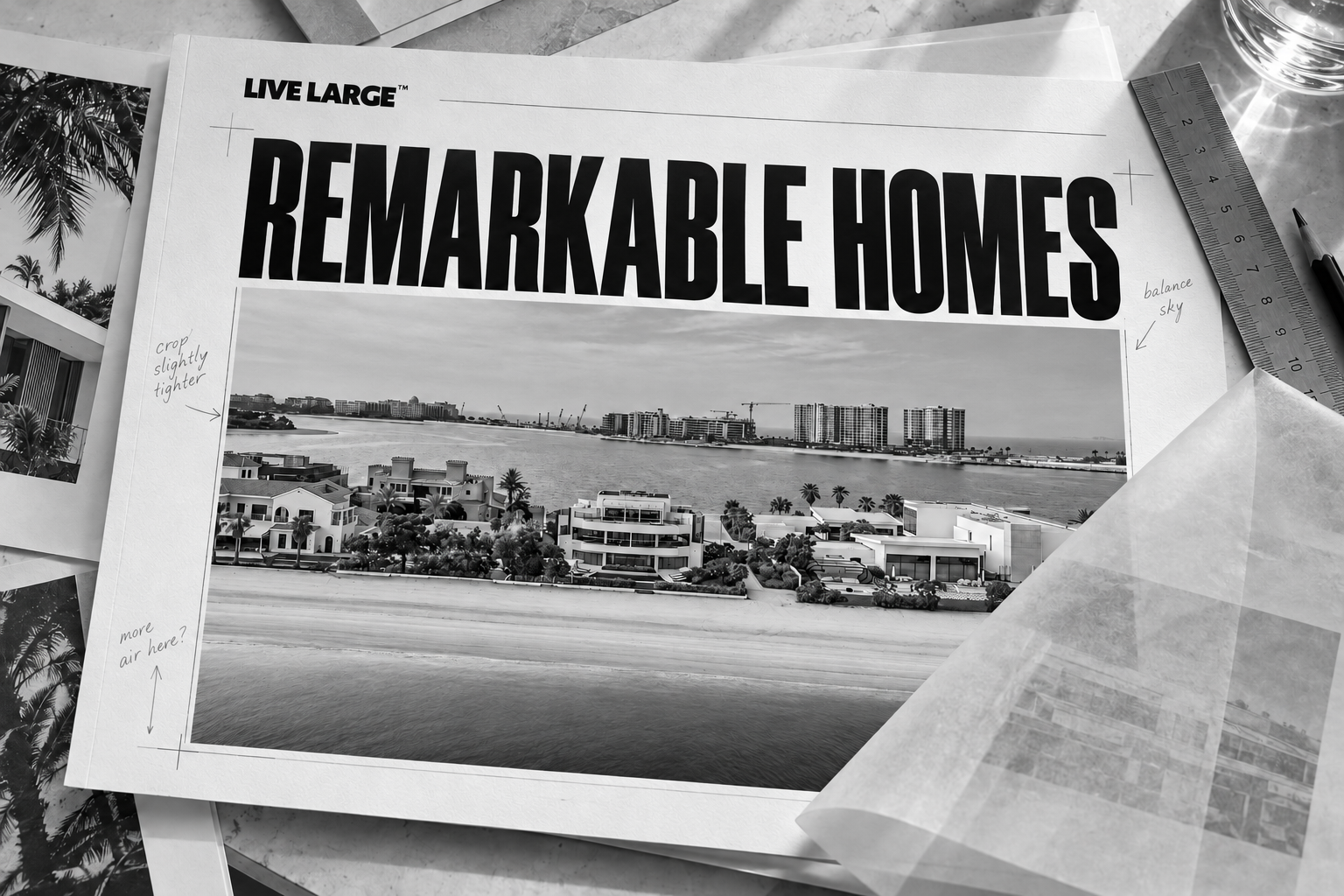 Black and white Remarkable Homes proof featuring Palm Jumeirah waterfront villas