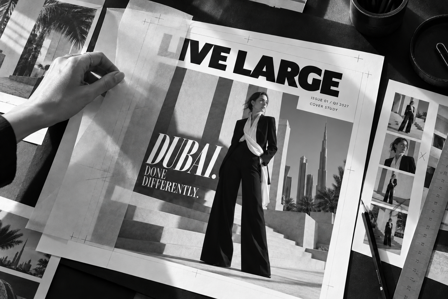 Black and white LIVE LARGE Issue 01 cover art direction on a print production table