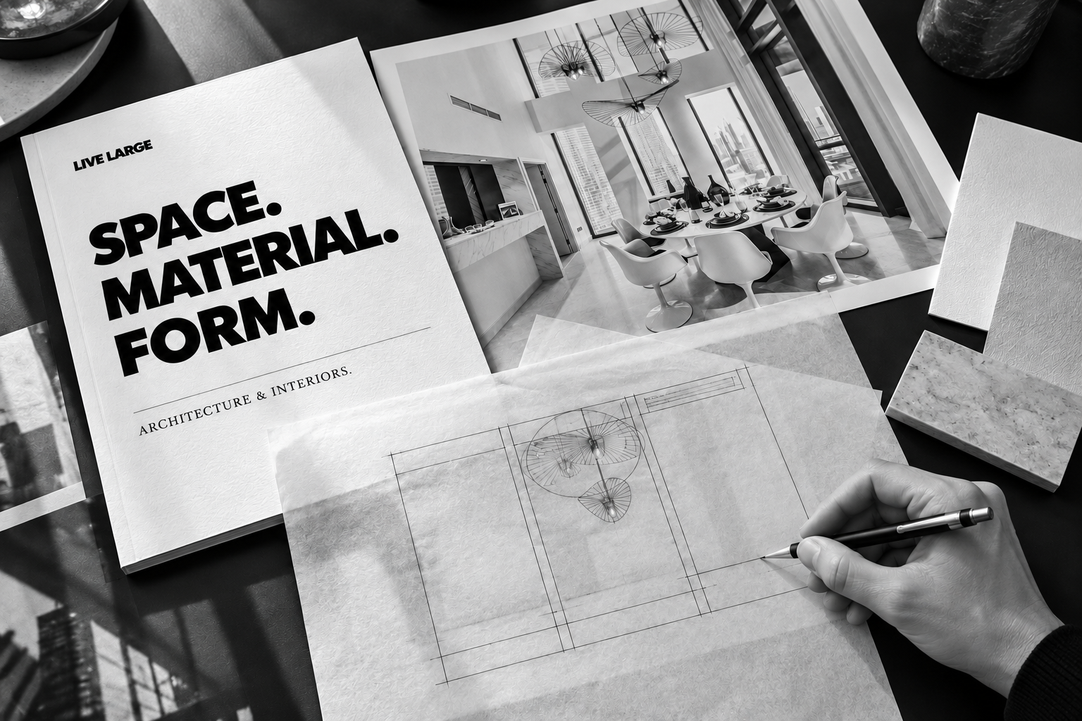 Black and white architecture and interiors material study with a dining room photograph and traced drawing